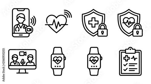 Telemedicine Icons, Digital Health Symbols, Medical Technology Graphics, Healthcare Security Icons, 8-Piece Vector Set