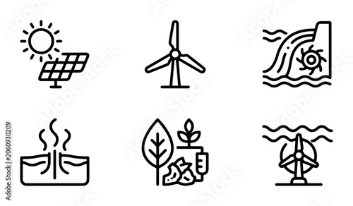 Renewable Energy Icons Set: Solar, Wind, Hydro, Geothermal, Biomass, Ocean Power Vector Graphics for Sustainable Future Concepts