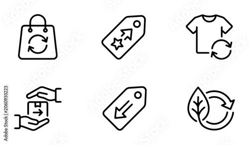 E-commerce Icons Set: Shopping Bag, Price Tags, T-Shirt, Delivery, Leaf, Recycling Arrows - Outline Graphics for Online Retail and Sustainability