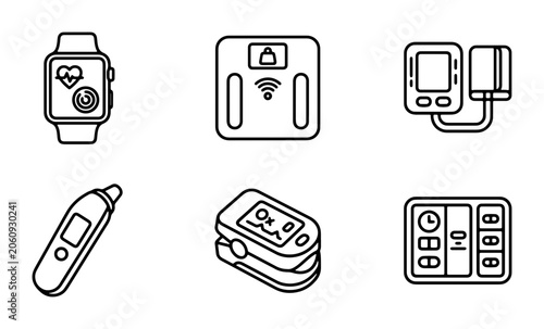 Health Monitoring Icons Set, Medical Devices Vector Collection, Digital Health Gadgets Graphics, Smartwatch, Scale, Blood Pressure Monitor, Thermometer, Oximeter, Pill Organizer