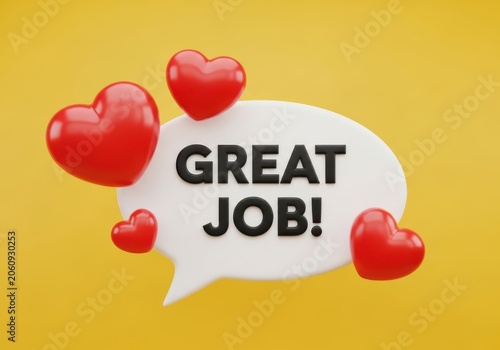 3d render of a speech bubble with the text great job and red hearts