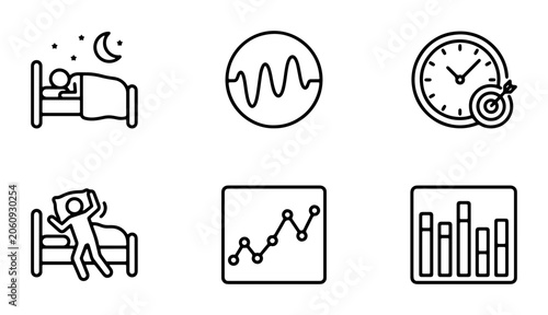 Sleep and Productivity Icons: Rest, Dreams, Charts, Goals, Time Management, Performance Metrics