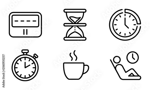 Time Management Icons Set: Stopwatch, Hourglass, Clock, Timer, Coffee Break, Relaxation - Vector Graphics for Business and Lifestyle