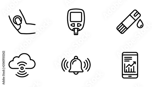 Diabetes Monitoring Icons, Blood Glucose Meter Set, Health Technology Vector Graphics, Medical Data App Interface, Cloud Connectivity Symbols