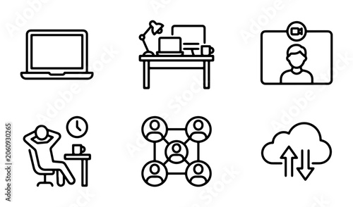 Modern Office & Remote Work Icons: Laptop, Desk Setup, Video Call, Break Time, Team Network, Cloud Sync Vector Set