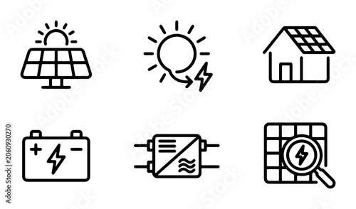 Solar Energy Icons Set: Renewable Power, Clean Electricity, Sustainable Technology, Eco-Friendly Solutions, Grid Independence, Battery Storage, Inverter, House Integration
