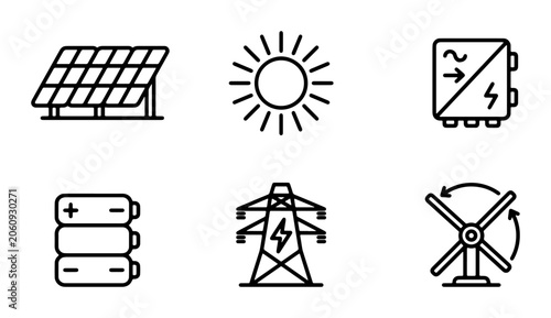 Clean Energy Icons: Solar Panel, Sun, Inverter, Battery, Power Line, Wind Turbine Vector Set for Renewable Power Concepts