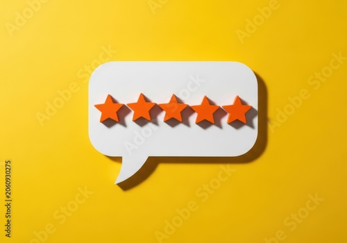 Five orange stars in a white speech bubble on a yellow background, representing customer feedback and 5star rating