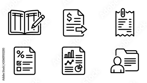 Financial Icons Set: Accounting Ledger, Invoice, Receipt, Checklist, Report, Folder. Business Finance Vector Graphics for Digital and Print.