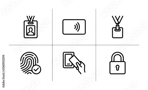 Security Icons Set: Access Control, Identification Badges, Fingerprint Scan, Smart Card, and Padlock Vector Graphics for Digital Security Concepts