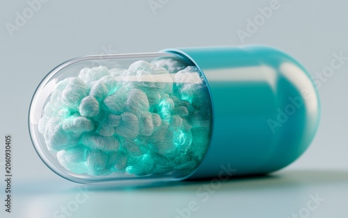 Medical capsule pill with visible cotton-like material inside