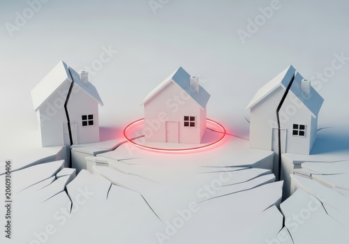 Conceptual illustration of a house protected by a glowing red barrier amidst cracked ground and damaged neighboring homes