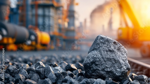 Large Rock and Gravel on Railroad Track Near Construction Site at Sunset