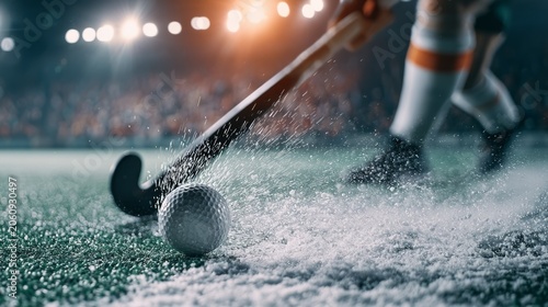 Fast-paced Field Hockey Player Shooting Ball on Turf in Action