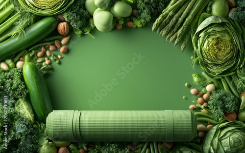 Fresh Green Vegetables and Fitness Mat with Green Background