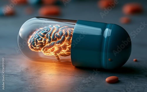 Futuristic Capsule with Lit Brain Inside on Surface