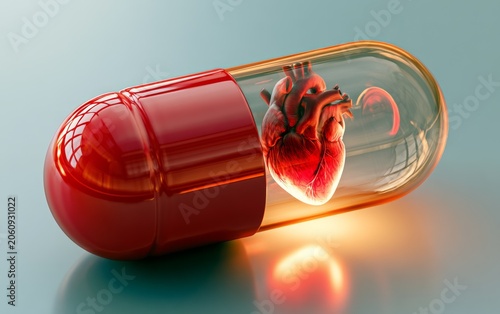 Realistic 3D Illustration of Human Heart Inside Capsule Pill