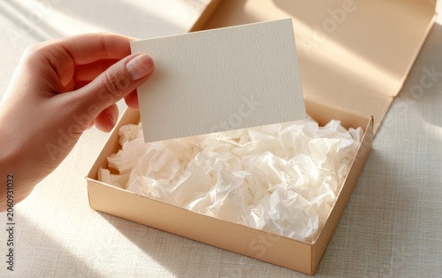 Woman Hand Holding Card Above Open Gift Box with Wrapping Paper