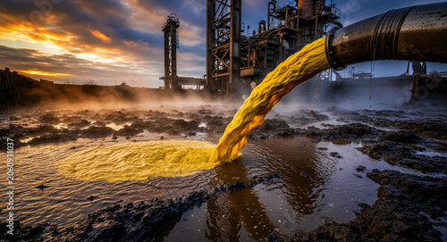 Large industrial pipe discharging yellow toxic waste into a polluted pit. Heavy refinery complex under a dramatic sunset sky with rising steam. Ideal for environmental damage and climate change.