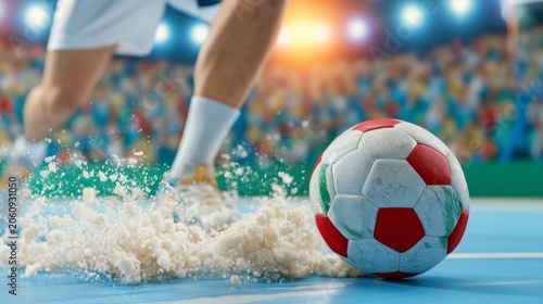 Soccer Player Kicks Ball on Field with Exciting Crowd Background