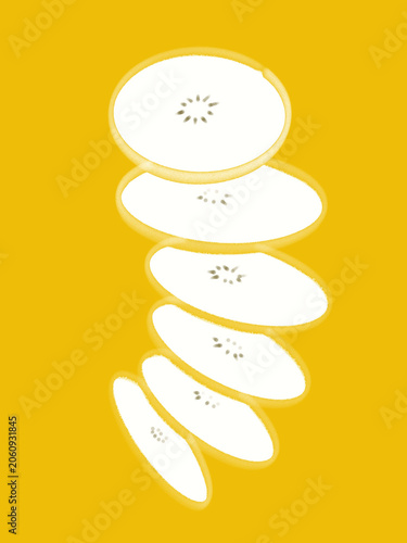 Stacked Kiwi Slices on Yellow - Cute vector illustration of white kiwi fruit slices with seeds. Ideal for food, healthy eating, and summer graphics
