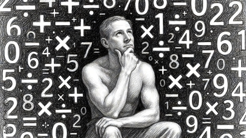 Muscular Man Thinking in Math - Black and white sketch of contemplative figure surrounded by numbers and equations. Ideal for education, intelligence, and problem solving