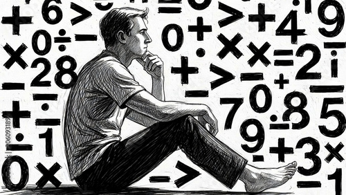 Thoughtful Man Surrounded by Math - Black and white sketch of young man sitting pensively among numbers and equations. Ideal for education, intelligence, and problem solving