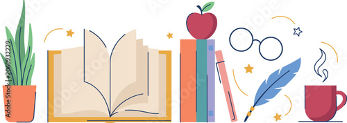 Flat vector education and reading banner design with books apple glasses and coffee cup illustration