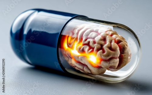 Brain Inside Capsule Pill with Fire Effects on Smooth Surface