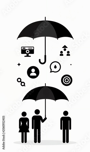 Open umbrella protecting people from falling fake news icons, media literacy concept