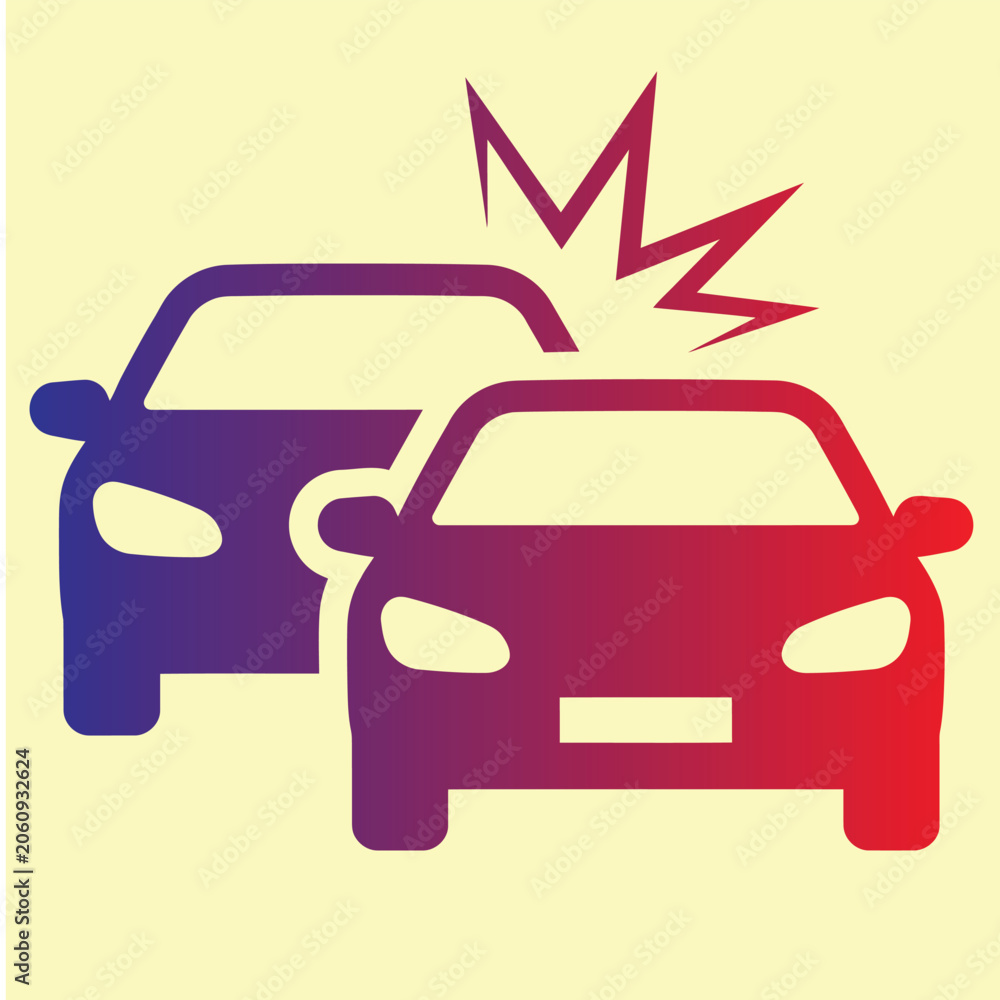 Obraz premium Car Crash and Traffic Collision Vector Icon with Red and Purple Gradient, Automobile Accident, Vehicle Insurance Claim and Road Safety Warning Concept Illustration