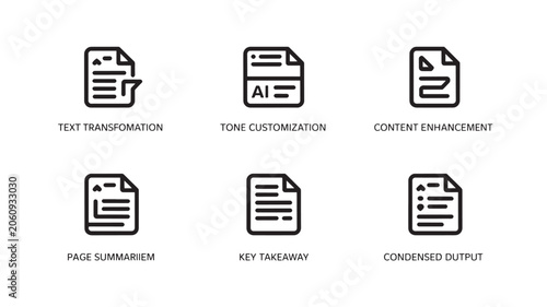 Document Analysis Icons for AI Content Optimization, Text Processing and Knowledge Management Vector Set