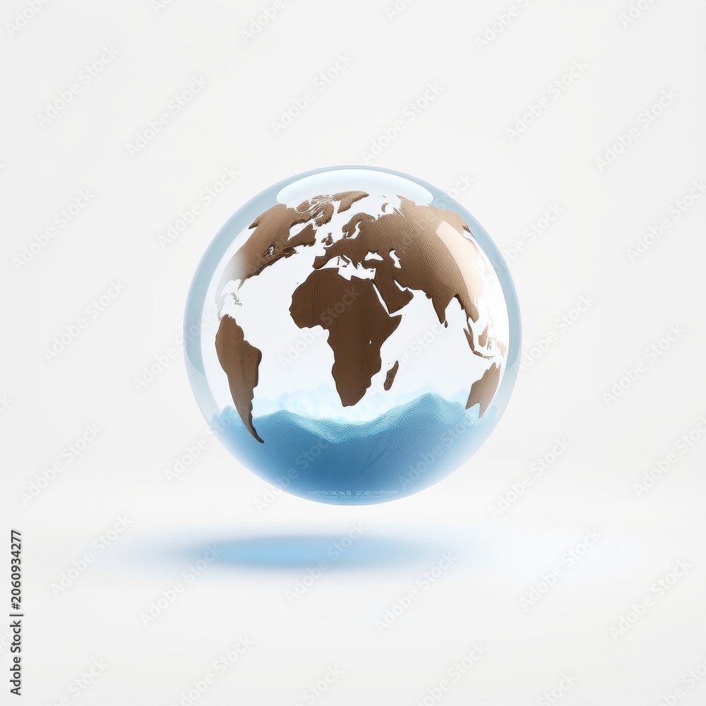 Fototapeta premium Glass globe depicts Earth. Continents visible, surrounded by blue water. Shadow suggests illumination, clean background.
