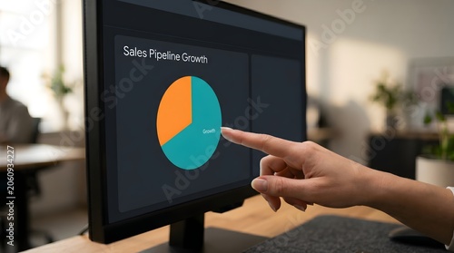 Close-up of a hand pointing at a sales pipeline growth pie chart on a computer monitor in a modern office, signifying business development and revenue tracking, sales and marketing visuals