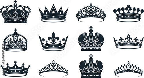 Royal king queen crown and tiara silhouette collection vector icons for luxury design project