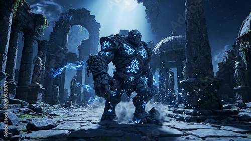 Mystical Giant Stone Golem with Glowing Blue Runes in Ancient Ruins