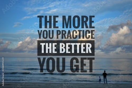An inspirational quote about the value of practice is overlaid on a scenic view of a beach with onlookers.