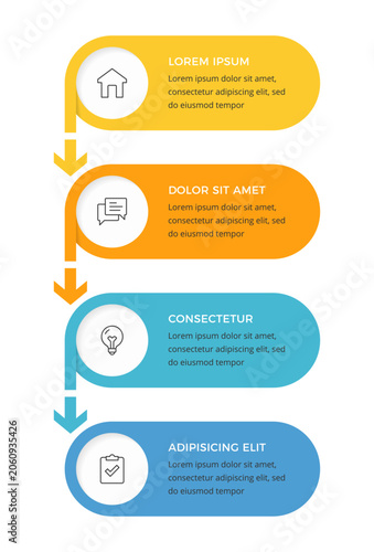 Photography Vertical process flow infographic template featuring four horizontal rounded ban