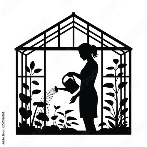 Person Watering Plants Inside Greenhouse Vector, Silhouette, Illustration