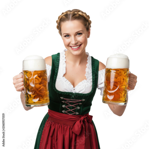 Young caucasian woman (22) with blonde gretchenzopf braids, in a vibrant bavarian dirndl, joyfully presenting two cold beer steins on white, oktoberfest celebration concept