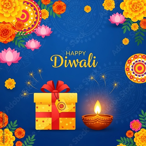 Colorful Diwali festival celebration illustration with lamps and gifts.