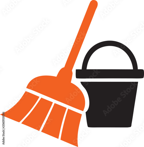 Cleaning Bucket and Broom Icon Vector – Housekeeping and Janitorial Equipment