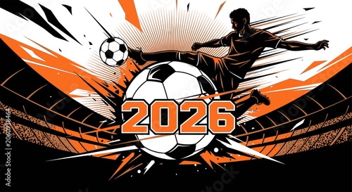 Canvastavla Dynamic soccer illustration featuring a player kicking a ball with '2026' text o