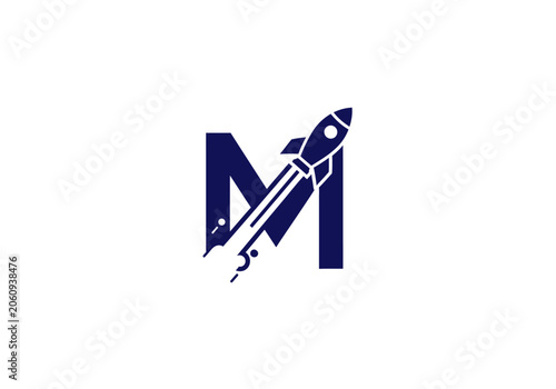 Letter m design with rocket launching upward on white background