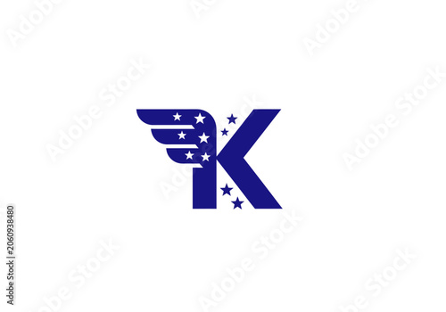 Letter k with wing and star symbols on white background design