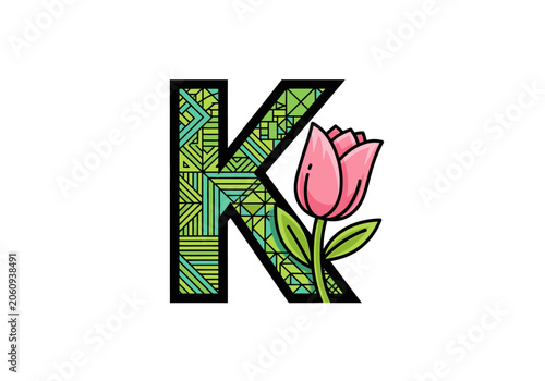Letter k with floral design and tulip illustration isolated on white