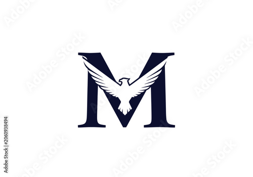 Letter m with a stylized eagle graphic design on white background