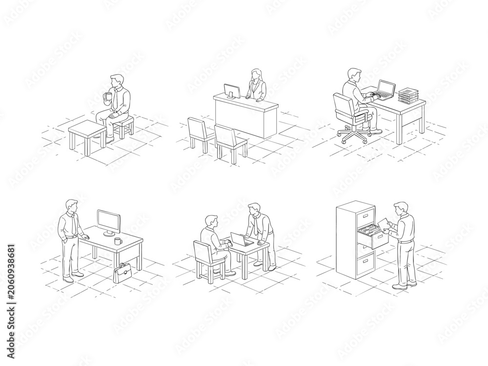Obraz premium Office Scenes Isometric Line Drawings People Working, Meetings, and Filing Documents