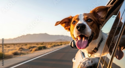 Happy dog enjoying summer vacation road trip scenic desert highway with canine companion