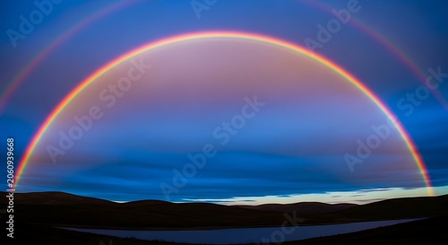 Stunning double rainbow arching over a tranquil landscape at dusk.